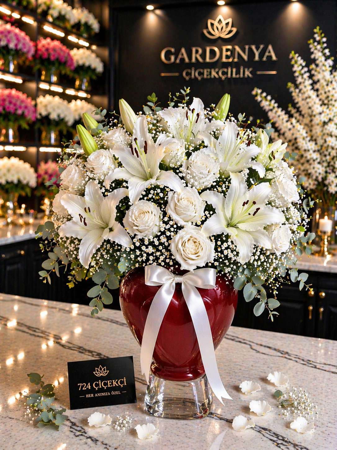 kırmızı kalp vazoda beyaz lilyum beyaz güller