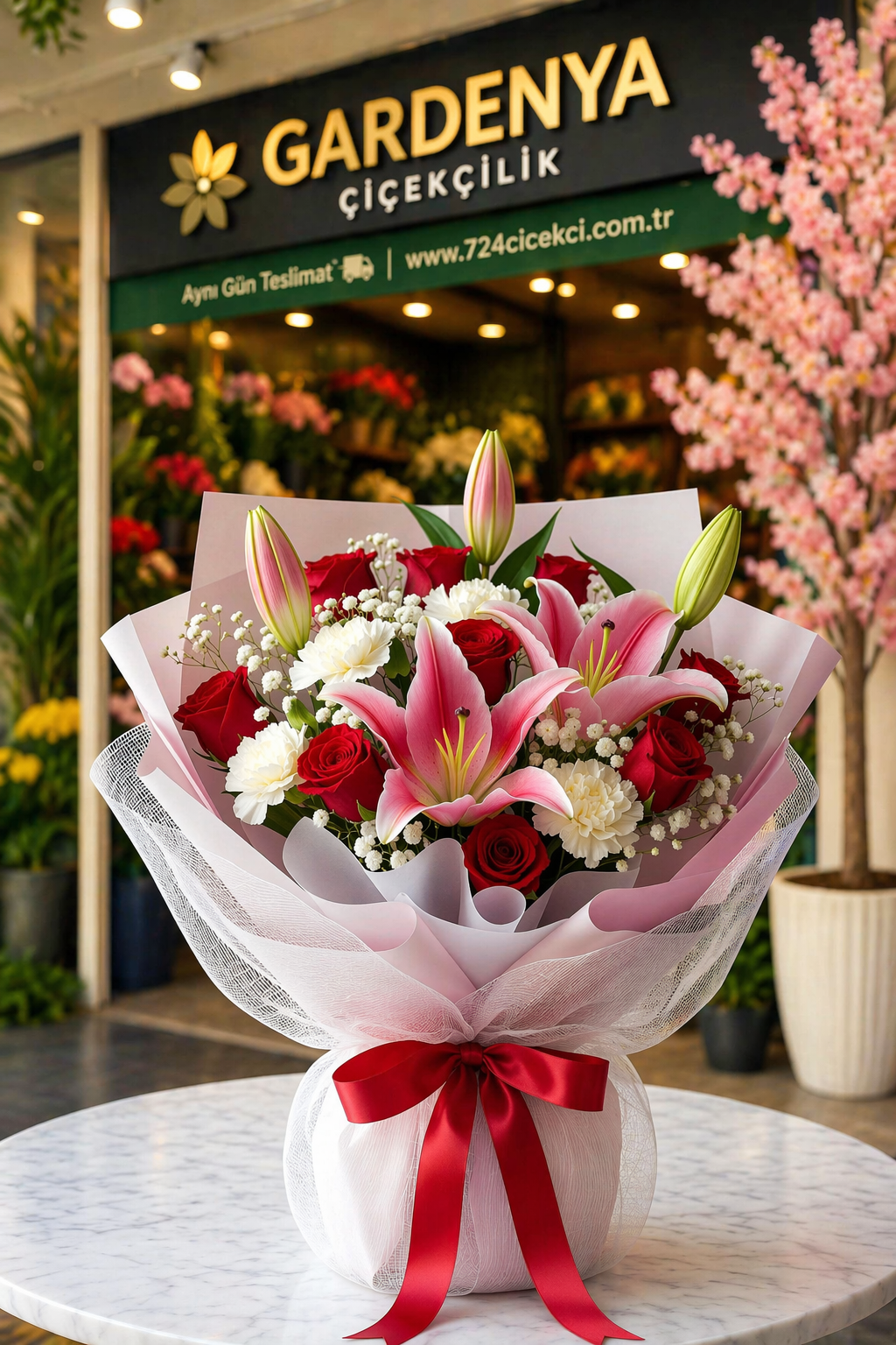 Pembe Lilyum & Kırmızı Gül Buketi – Zarif ve Etkileyici Aranjman