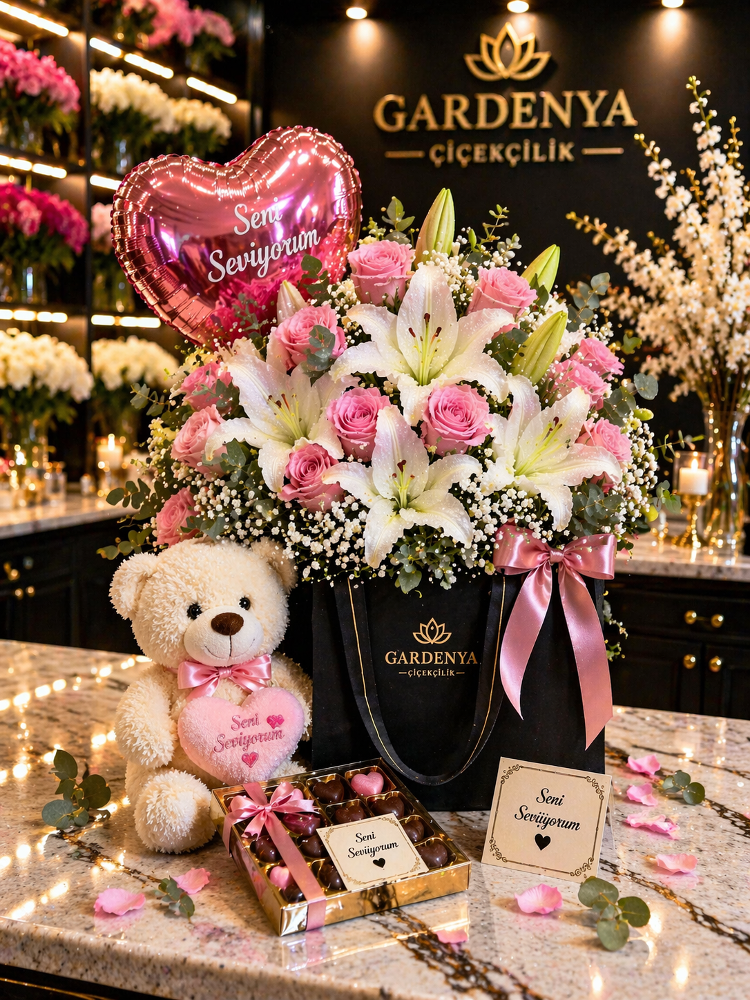 Siyah  Çantada  lilyum ve gülle cikolata  balon