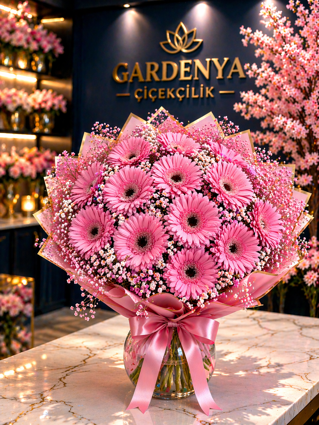 Cam fanusta  15 adet gerbera arajmanı