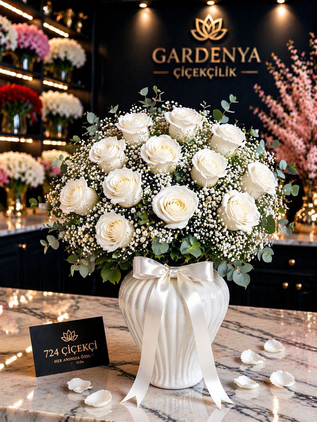 beyaz cam vazoda 12 adet beyaz güller cipsolar